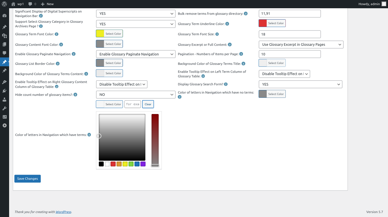 clear color of letters in wordpress glossary navigation bar