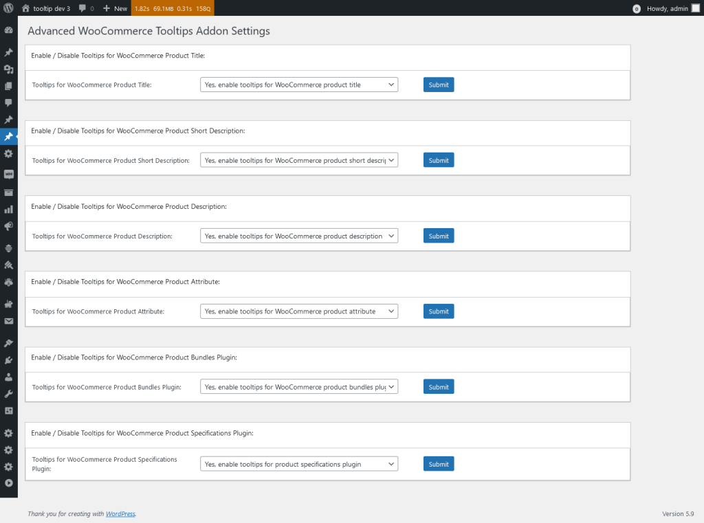 Advanced WooCommerce Tooltips Addon Settings in wordpress tooltips pro plus 27.5.8