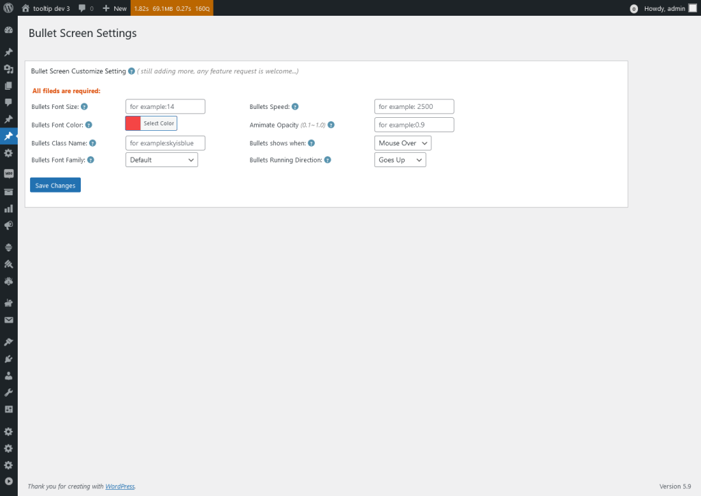 Bullet Screen Settings in wordpress tooltips pro plus 27.5.8