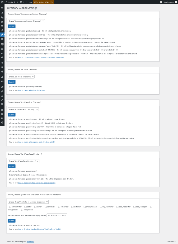 Directory Global Settings in wordpress tooltips pro plus 27.5.8