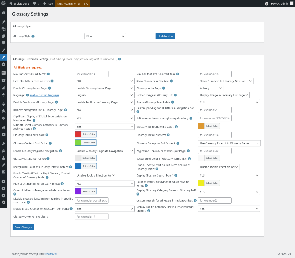 Glossary Settings in wordpress tooltips pro plus 27.5.8