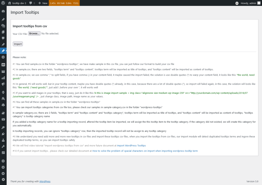 Import Tooltips panel in wordpress tooltips pro plus 27.5.8