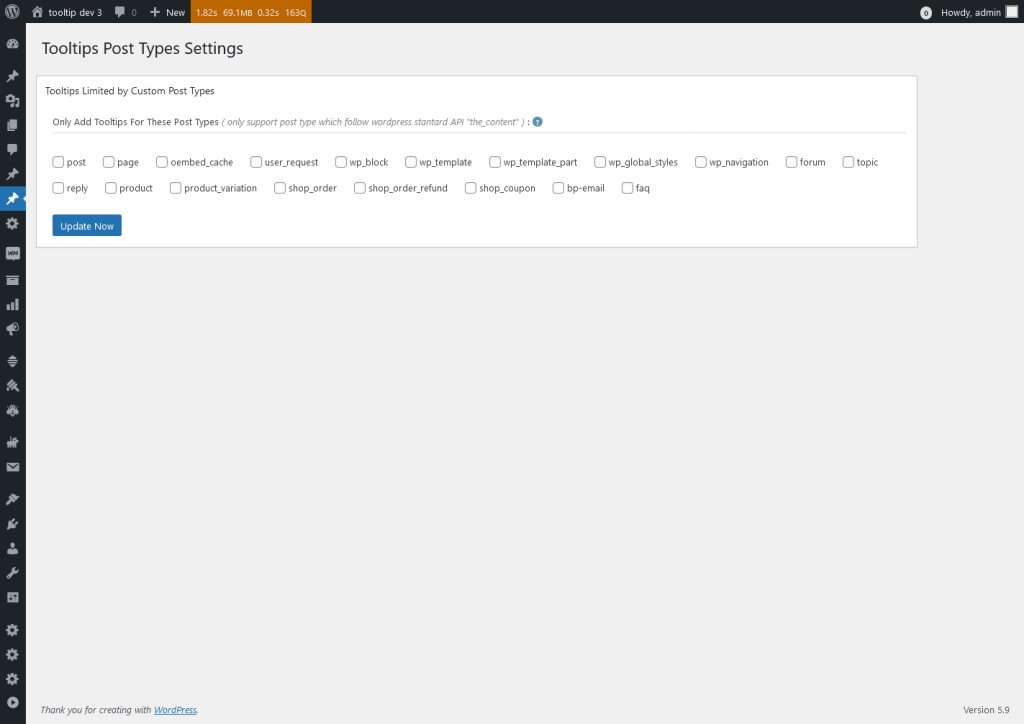 Tooltips Post Types Settings in wordpress tooltips pro plus 27.5.8